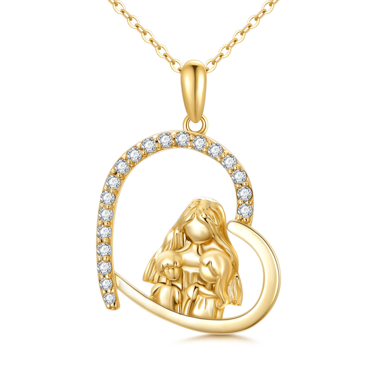 Collier en or 14K avec pendentif mère et fille et coeur en zircon cubique-1