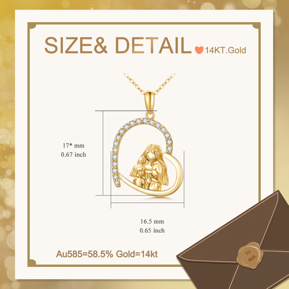 14K Gold Cubic Zirconia Mother & Daughter & Heart Pendant Necklace-6