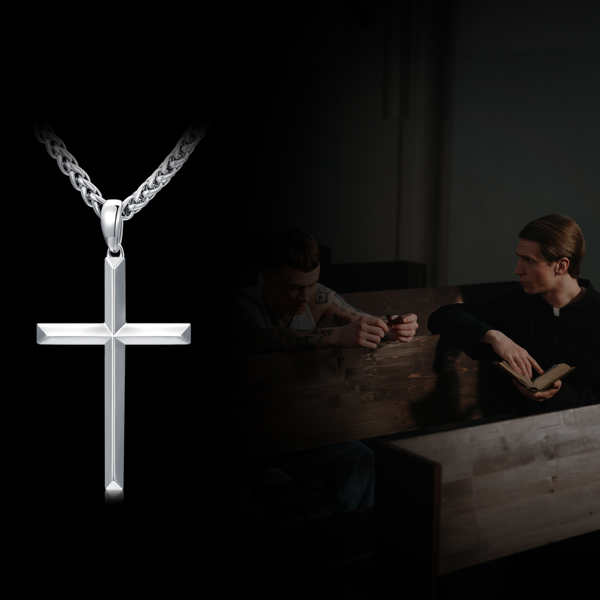 Sterling Silver Angular Cross Pendant Necklace for Men-6