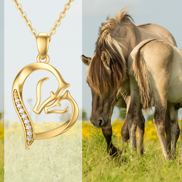14K Gold Cubic Zirconia Couple Horse & Heart Pendant Necklace-3