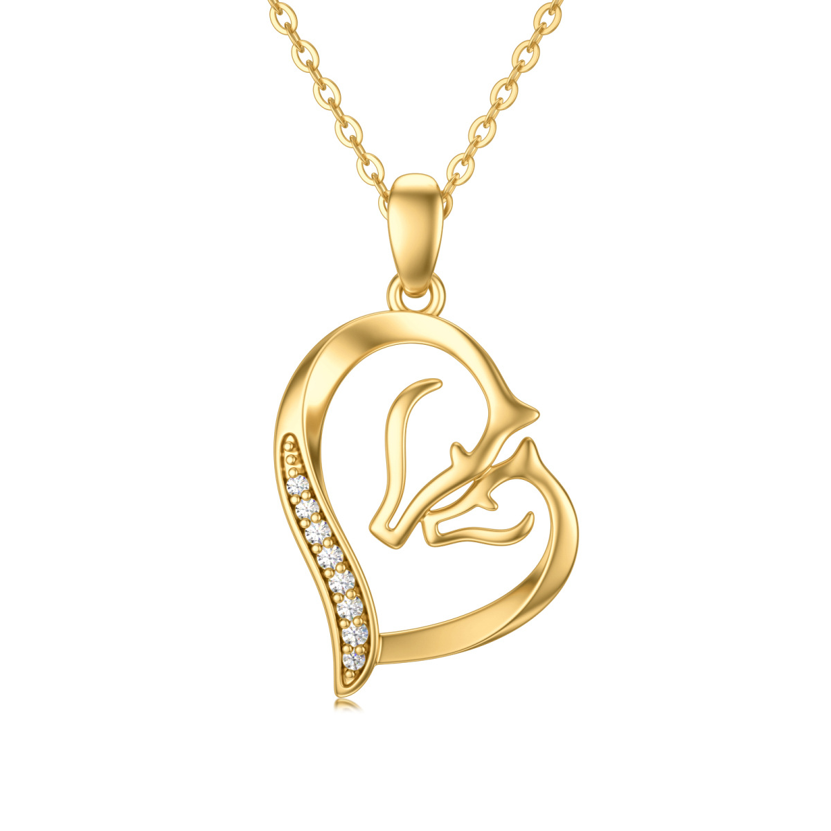 14K Gold Cubic Zirconia Couple Horse & Heart Pendant Necklace-1