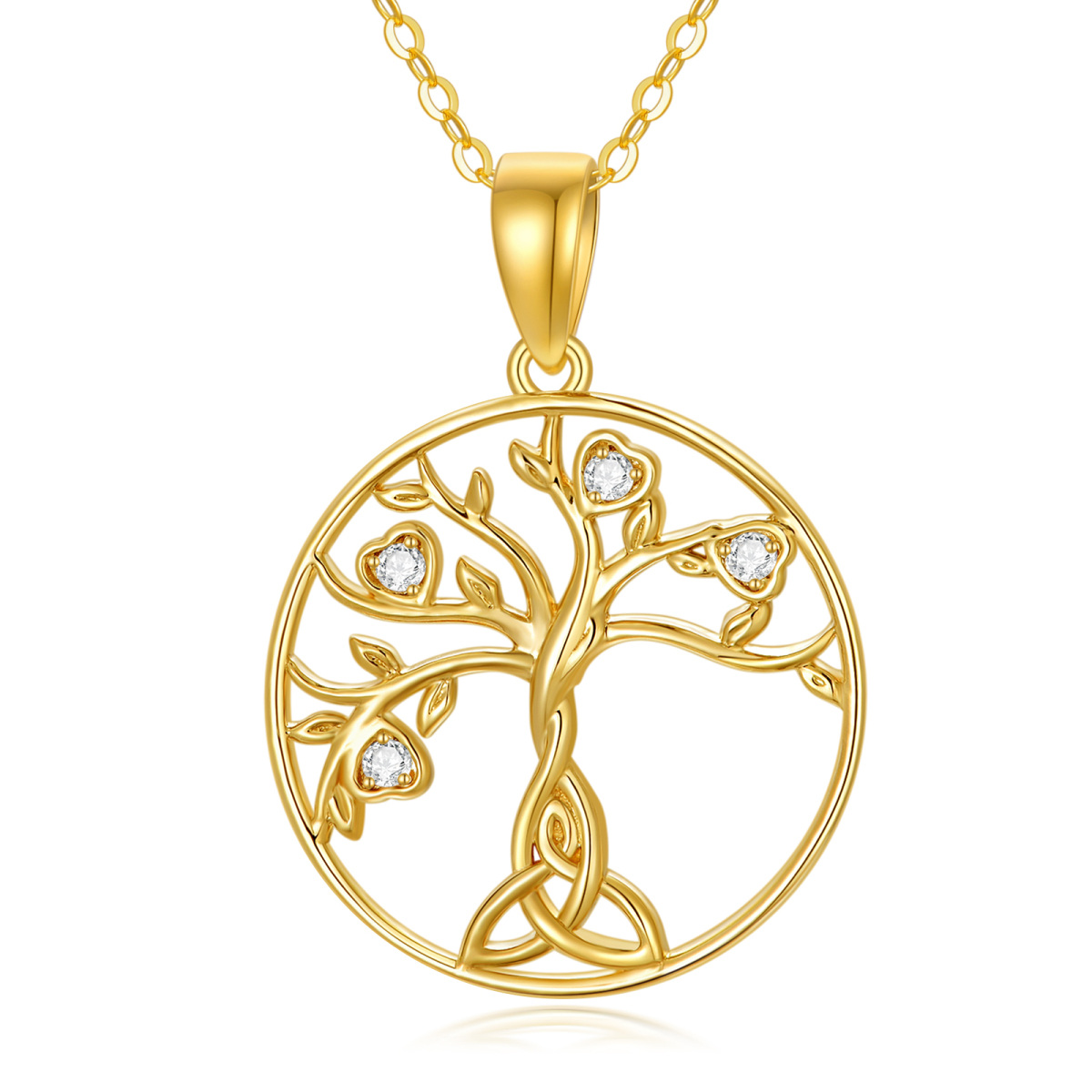 14K Gold Cubic Zirconia Tree Of Life & Celtic Knot Pendant Necklace-1