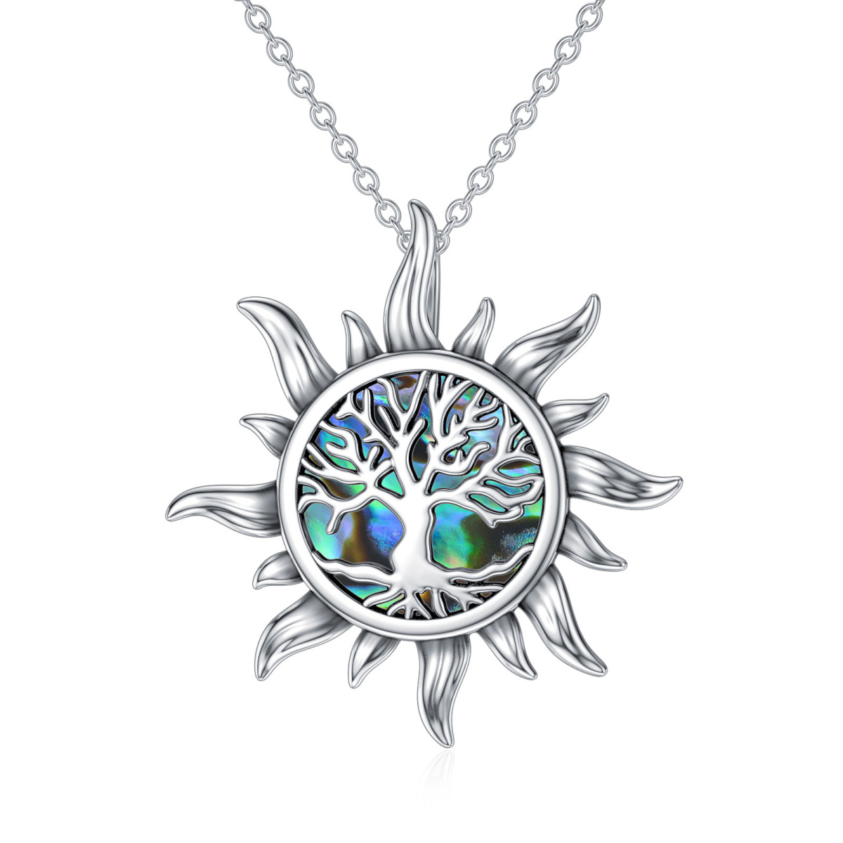 Sterling Silver Circular Shaped Abalone Shellfish Tree Of Life & Sun Pendant Necklace-1