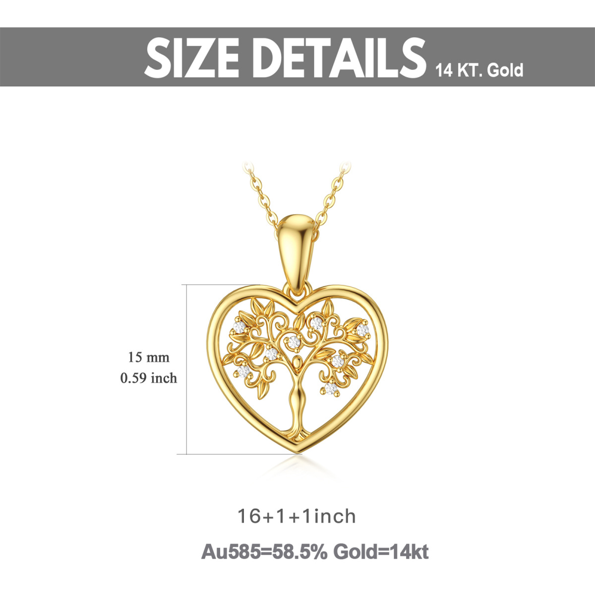 14K Gold Moissanite Tree Of Life Heart Pendant Necklace-5