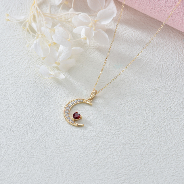 14K Gold Heart Garnet Heart & Moon Pendant Necklace-3
