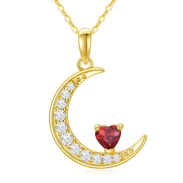 14K Gold Heart Garnet Heart & Moon Pendant Necklace-1