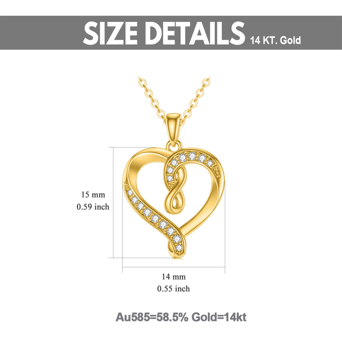 14K Gold Moissanit Herz & Unendlichkeit Symbol Anhänger Halskette-5