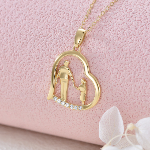 14K Gold Cubic Zirconia Heart Father & Daughter Holding Hands Pendant Necklace-2
