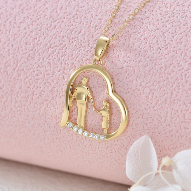 Collier en or 14K avec pendentif père et fille se tenant la main et cœur en zircon cubique-2