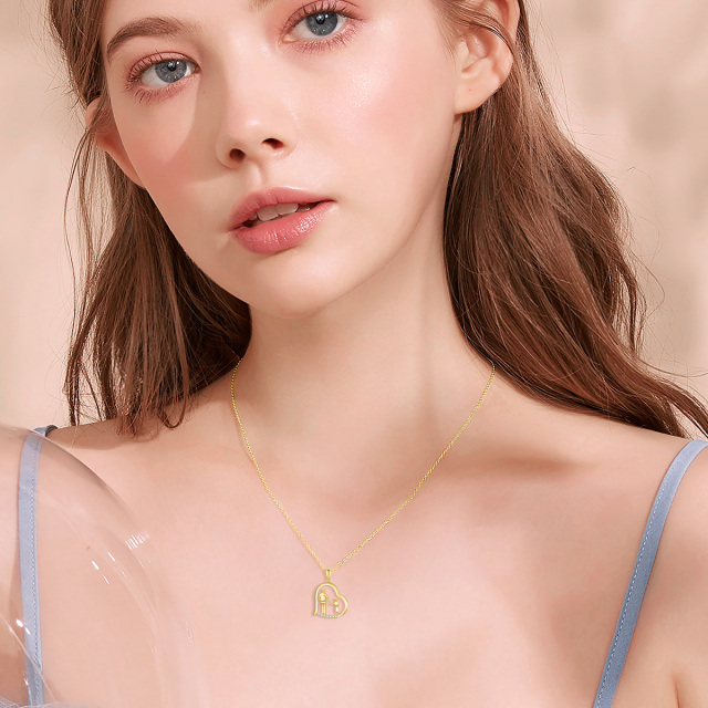 Collier en or 14K avec pendentif père et fille se tenant la main et cœur en zircon cubique-1