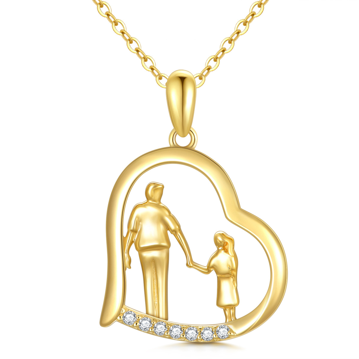 Collier en or 14K avec pendentif père et fille se tenant la main et cœur en zircon cubique-1