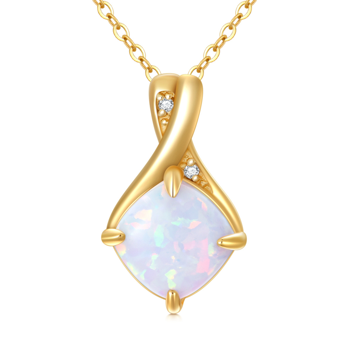 14K Gold Princess-square Shaped Diamond & Opal Infinity Symbol Pendant Necklace-1