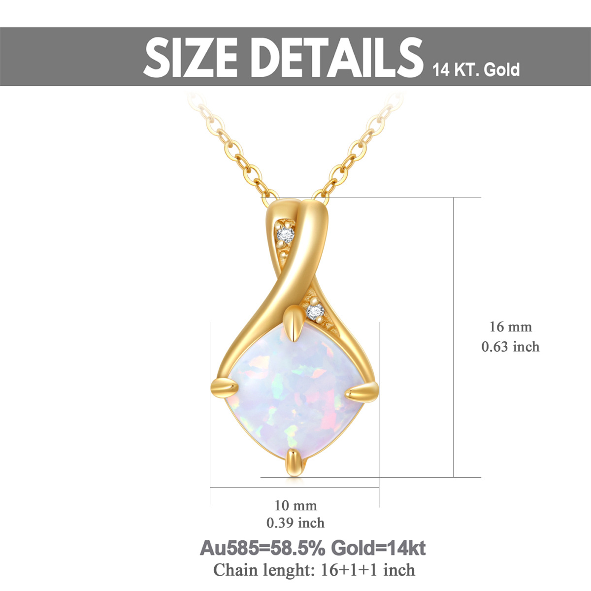 14K Gold Prinzessin-Quadrat geformt Diamant & Opal Unendlichkeit Symbol Anhänger Halskette-5