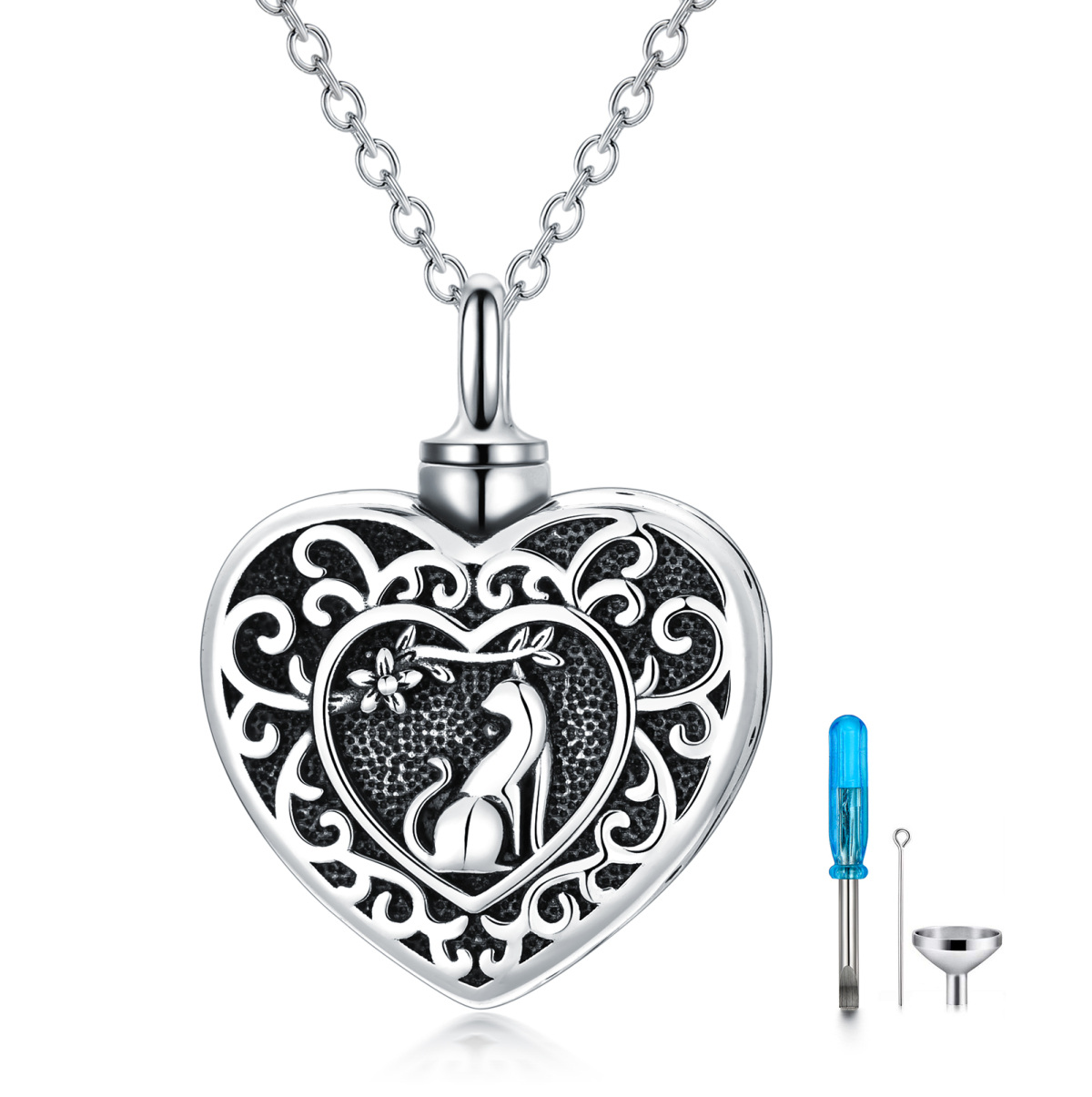 Sterling Silver Wolf & Heart Urn Necklace for Ashes with Engraved Word-1