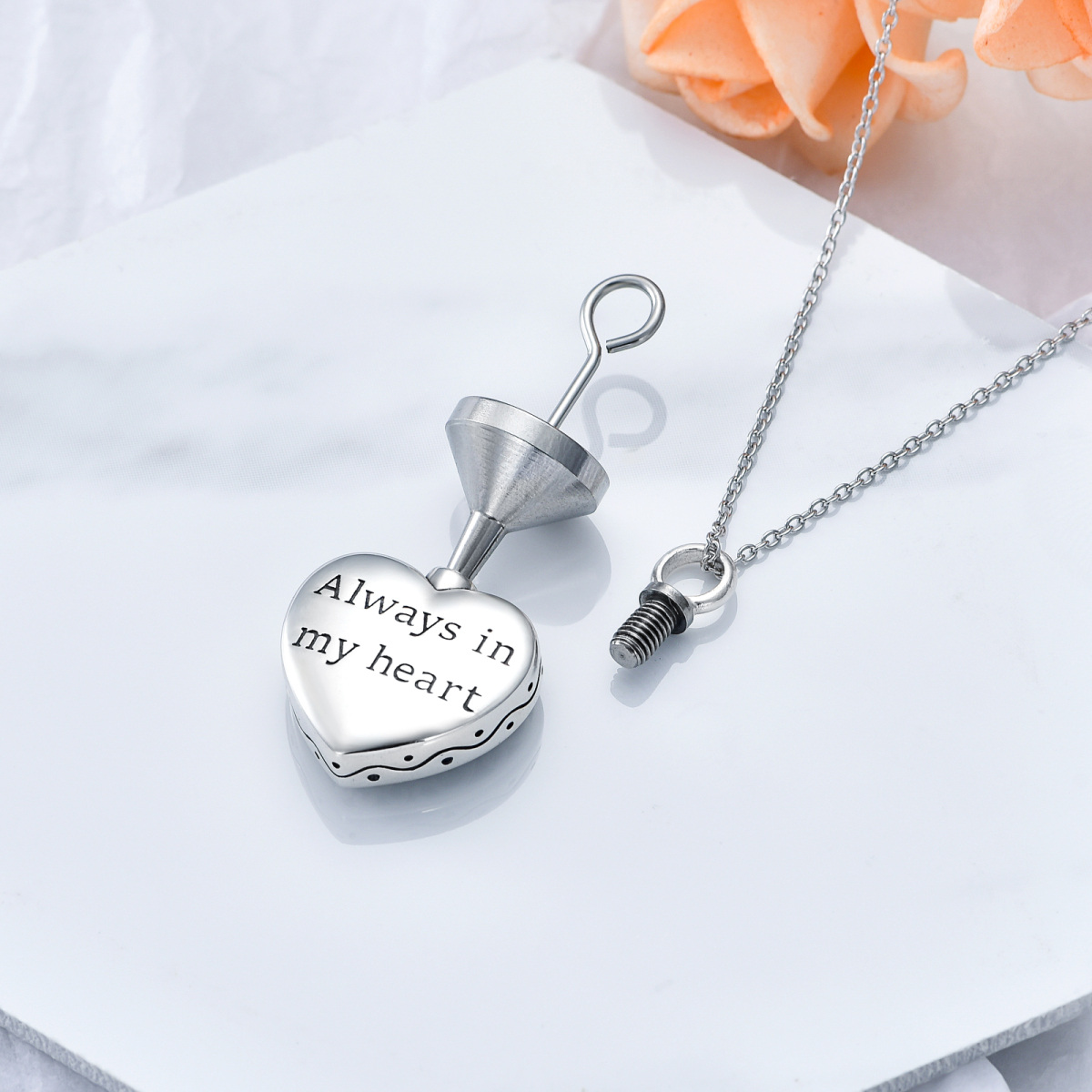 Sterling Silver Wolf & Heart Urn Necklace for Ashes with Engraved Word-5