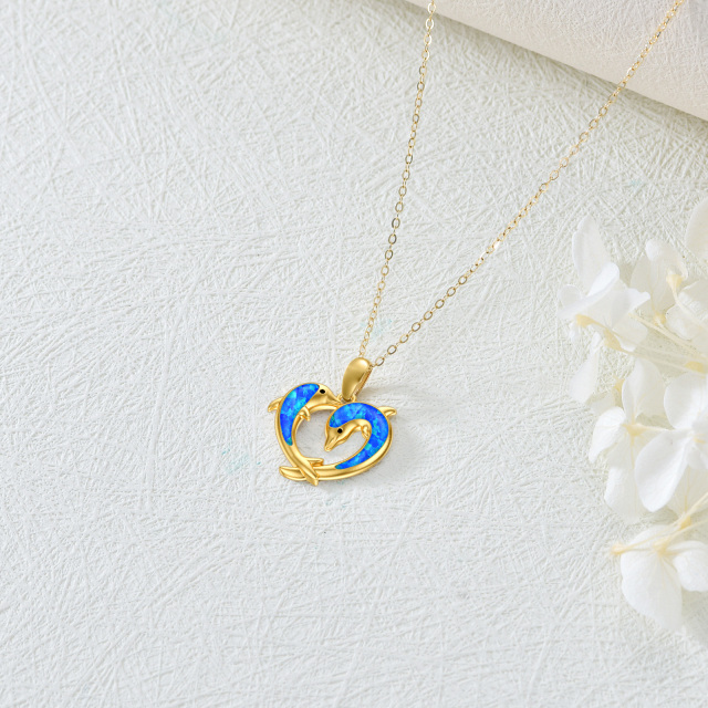 14K Gold Opal Dolphin & Heart Pendant Necklace-4