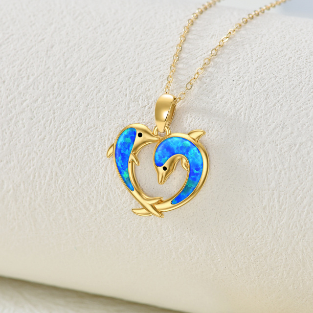 14K Gold Opal Dolphin & Heart Pendant Necklace-3