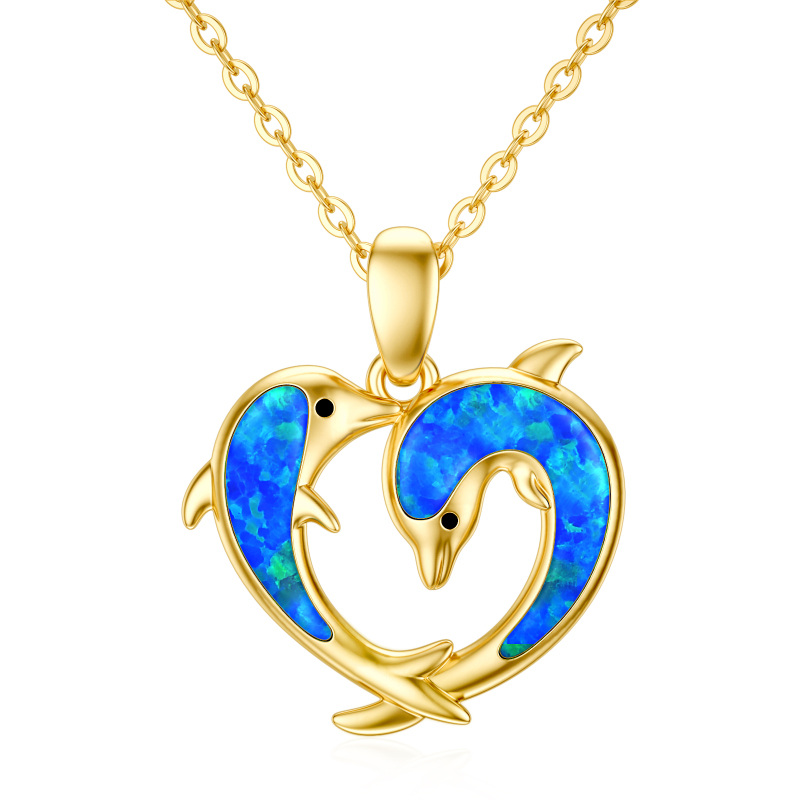 14K Gold Opal Dolphin & Heart Pendant Necklace