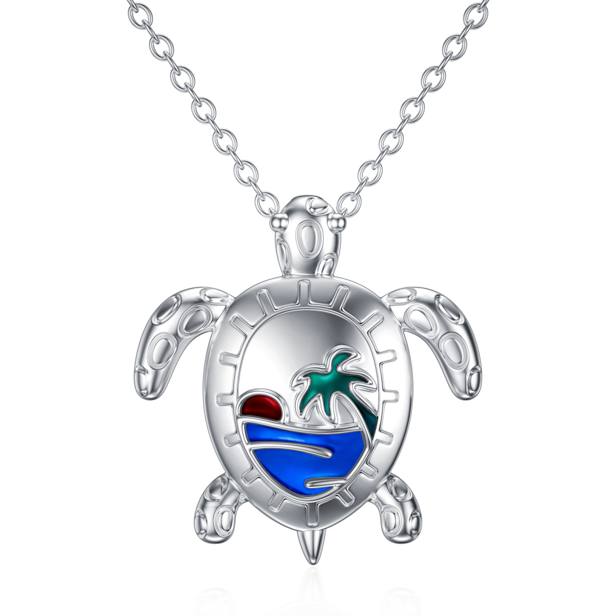 Sterling Silver Sea Turtle & Coconut Tree Pendant Necklace-1
