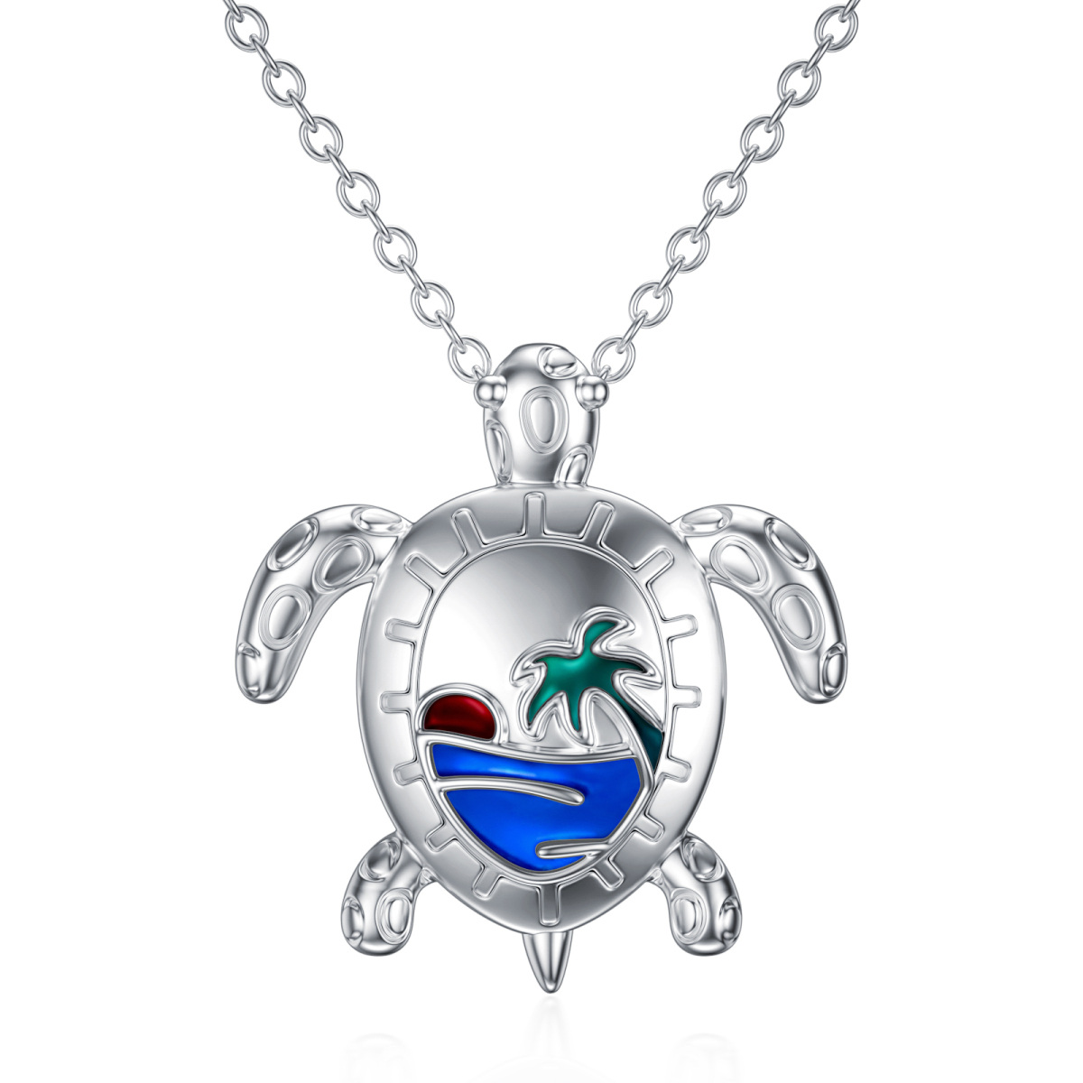 Collier en argent sterling avec pendentif tortue de mer et cocotier-1