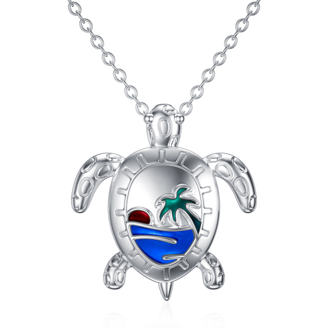 Sterling Silver Sea Turtle & Coconut Tree Pendant Necklace-0