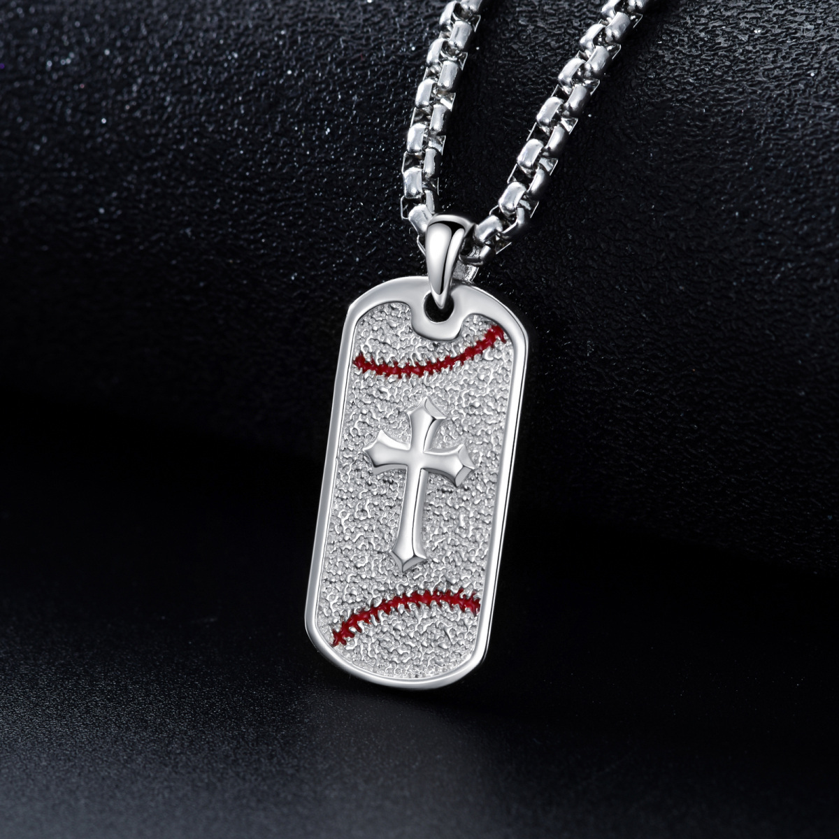 Sterling Silver Baseball & Cross Square Pendant Necklace for Men-4