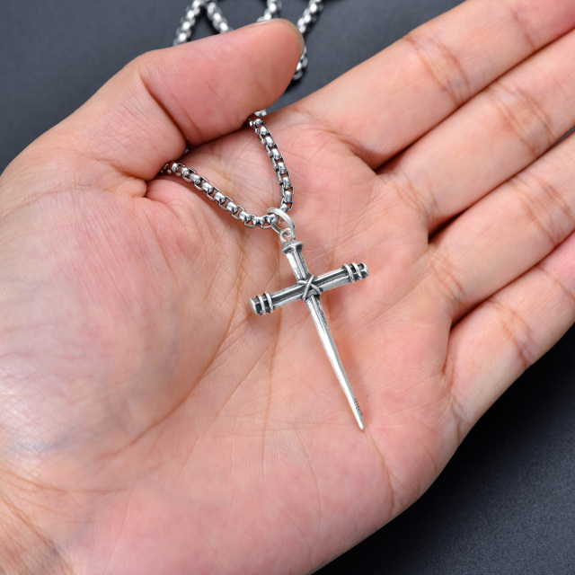 Sterling Silver Cross & Sword Pendant Necklace for Men-3