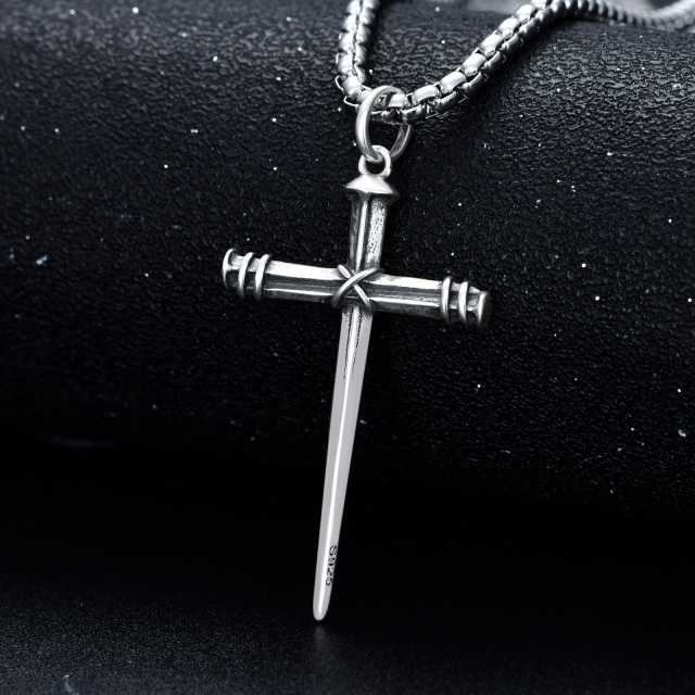 Sterling Silver Cross & Sword Pendant Necklace for Men-4