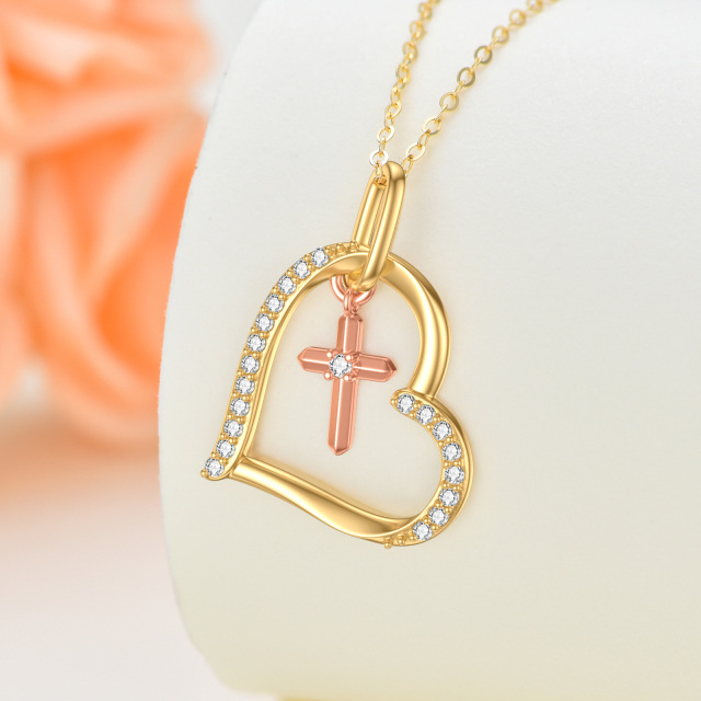 14K Gold & Rose Gold Moissanite Cross & Heart Pendant Necklace-3