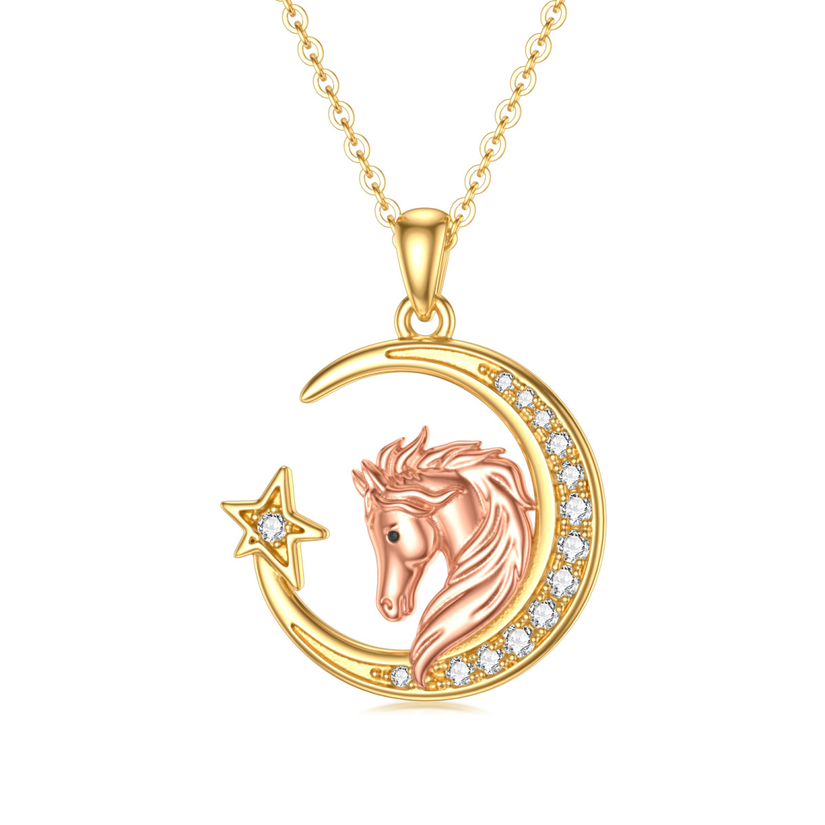 Collar colgante de oro de 14 quilates y oro rosa con moissanita redonda, caballo, luna y e-1