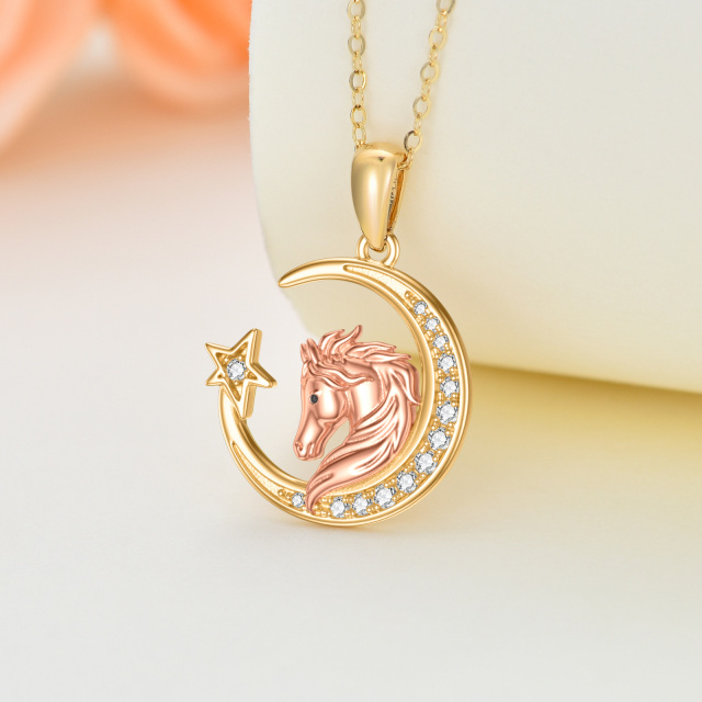14K Gold & Rose Gold Round Moissanite Horse & Moon & Star Pendant Necklace-2