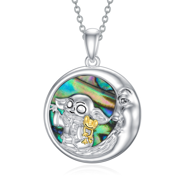 Sterling Silver Two-tone Abalone Shellfish Frog & Moon Pendant Necklace-3