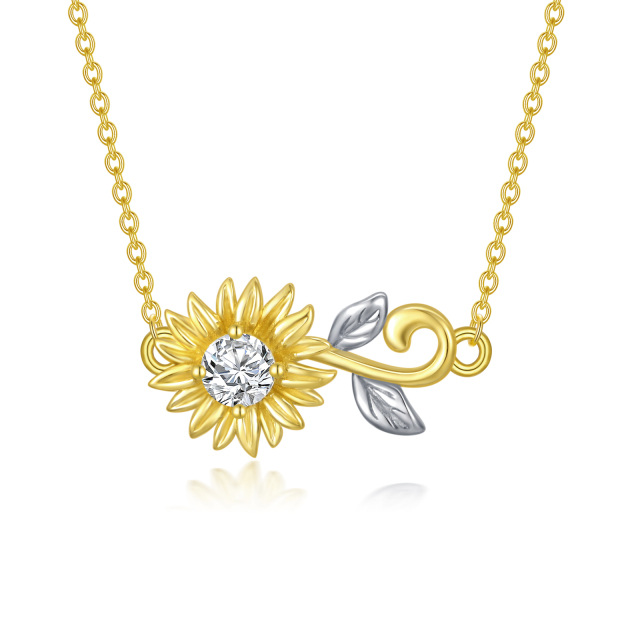 14K Gold Circular Shaped Cubic Zirconia Sunflower Pendant Necklace-0