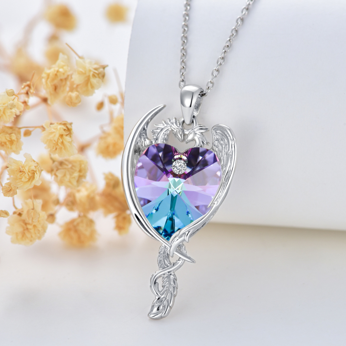Sterling Silver Heart Dragon & Phoenix & Heart Crystal Pendant Necklace-4