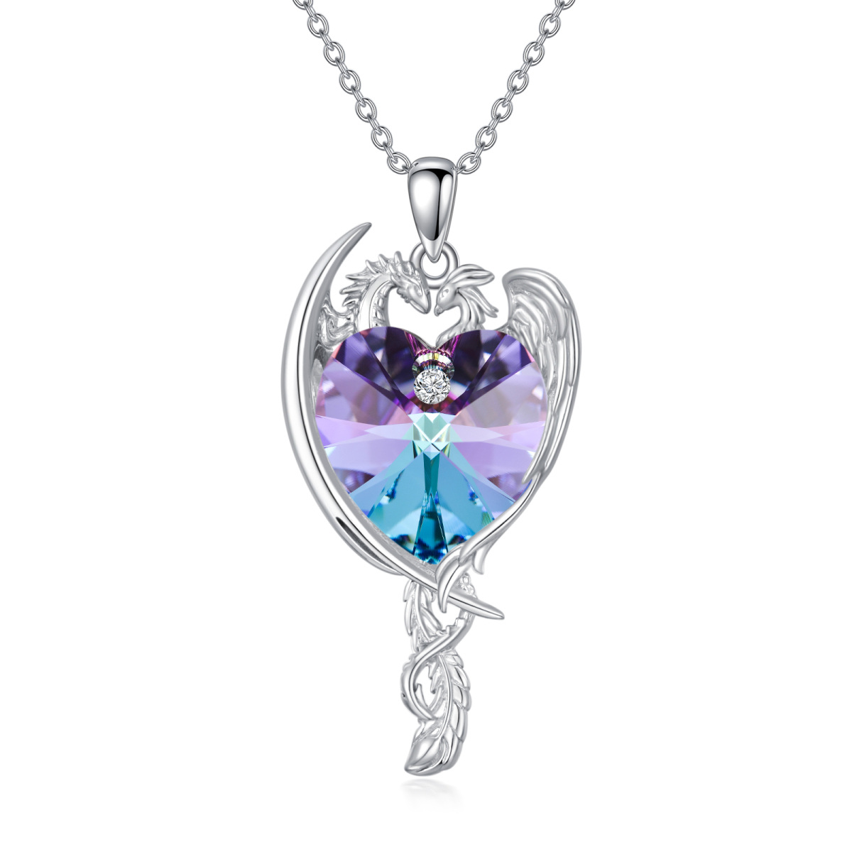 Sterling Silver Heart Dragon & Phoenix & Heart Crystal Pendant Necklace-1