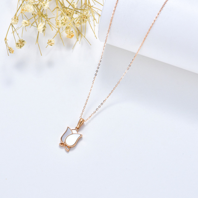 14K Rose Gold Round Cubic Zirconia & Mother Of Pearl Rose Pendant Necklace-2