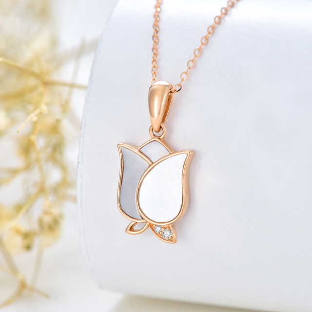 14K Rose Gold Round Cubic Zirconia & Mother Of Pearl Rose Pendant Necklace-3
