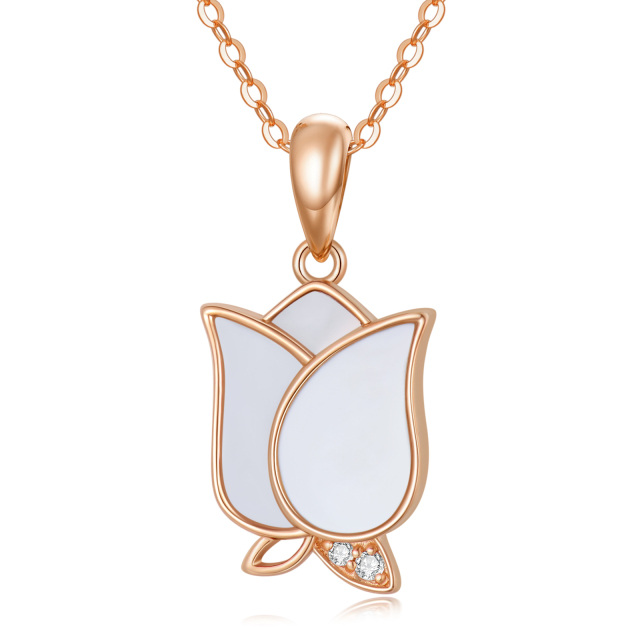 14K Rose Gold Round Cubic Zirconia & Mother Of Pearl Rose Pendant Necklace-0