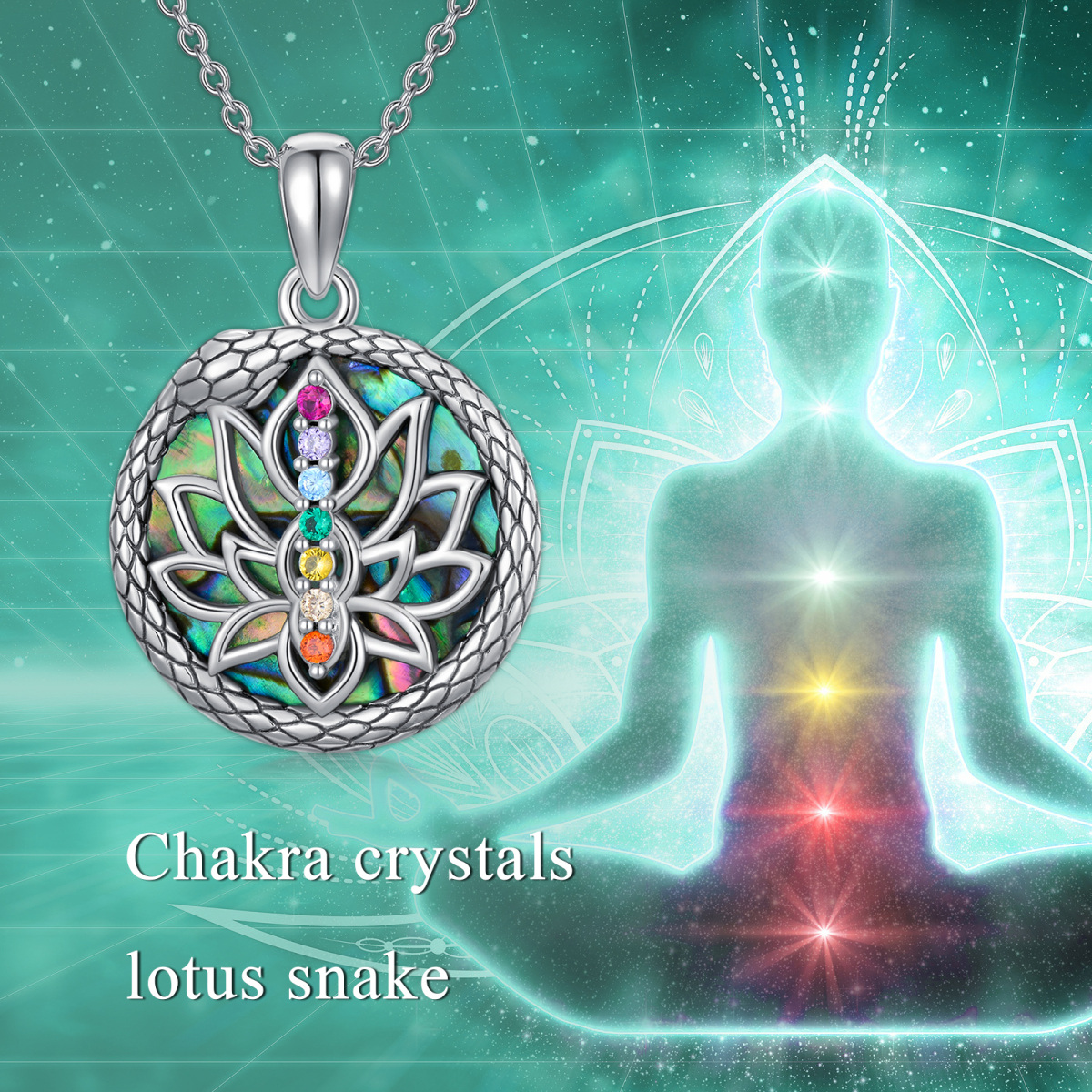 Sterling Silver Abalone Shellfish Snake & Lotus & Chakras Pendant Necklace-5