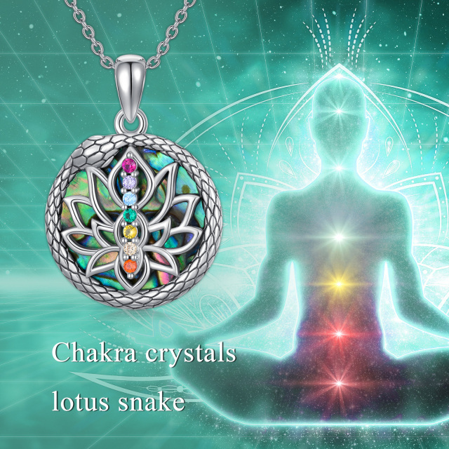 Sterling Silver Abalone Shellfish Snake & Lotus & Chakras Pendant Necklace-4