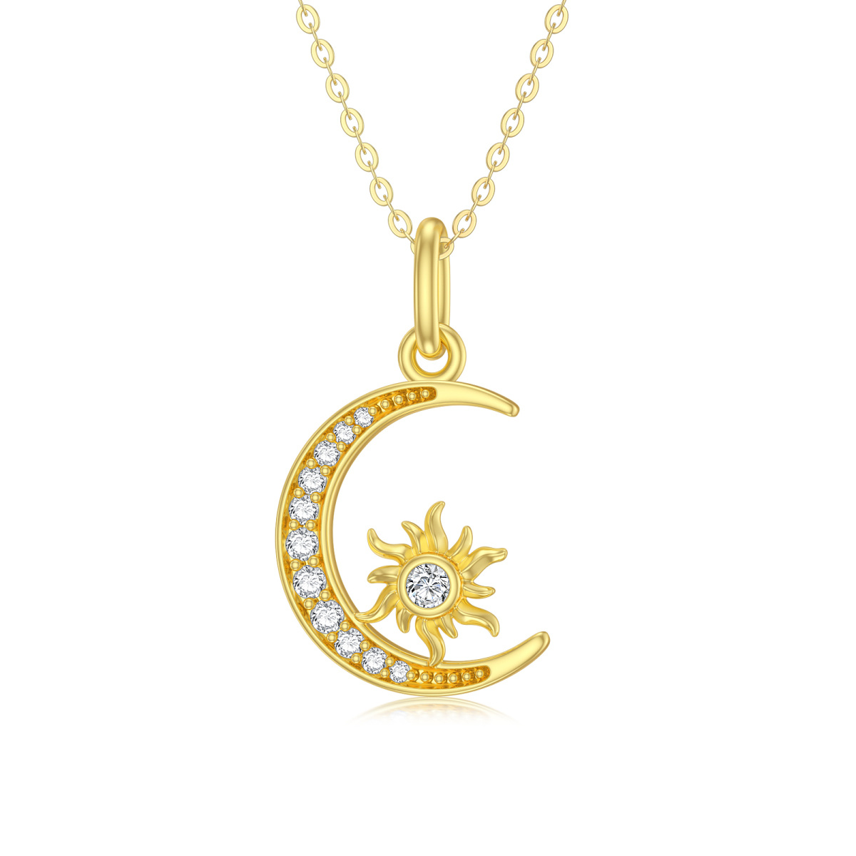 14K Gold Round Zircon Moon & Sun Pendant Necklace-1