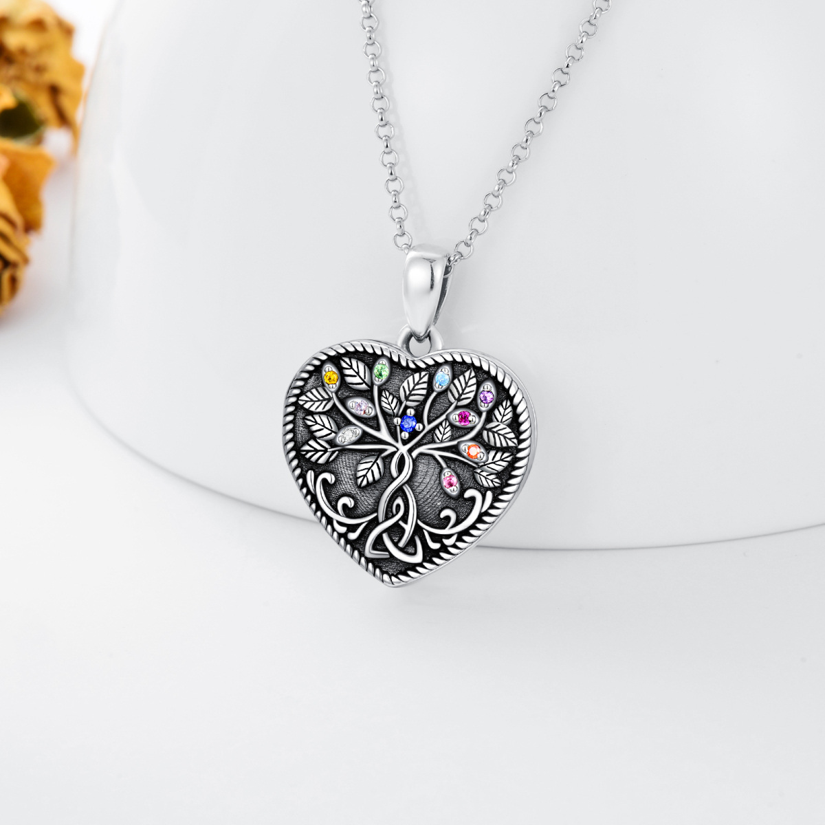 Sterling Silver Circular Shaped Crystal Tree Of Life & Personalized Photo & Celtic Knot Personalized Photo Locket Necklace with Engraved Word-3