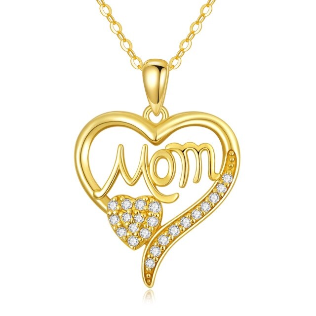 14K Gold Cubic Zirconia Heart With Heart Pendant Necklace with Engraved Word-0