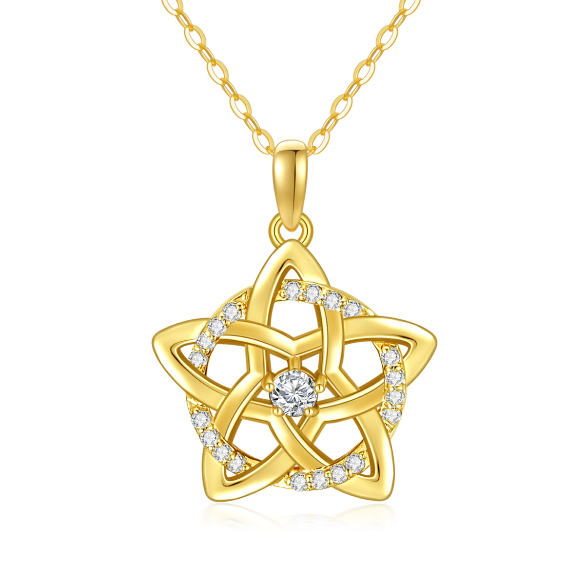 14K Gold Circular Shaped Moissanite Pentagram & Round Pendant Necklace-1