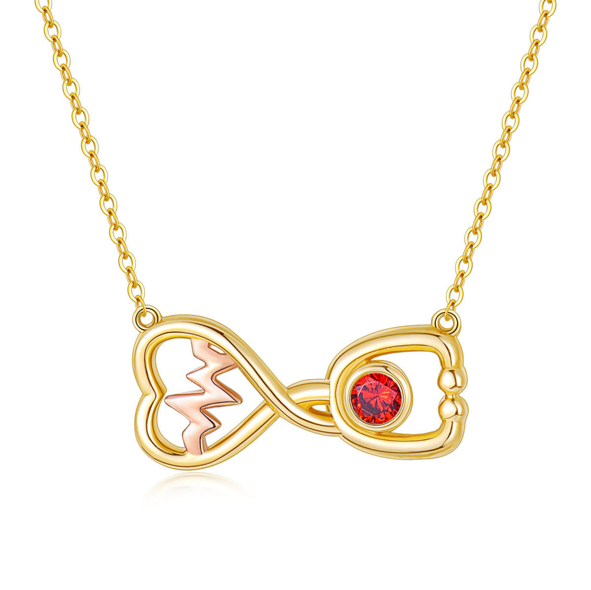 14K Gold Circular Shaped Cubic Zirconia Electrocardiogram & Infinity Symbol & Stethoscope Pendant Necklace-1