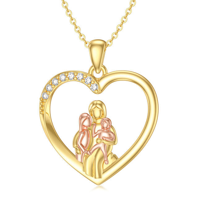 14K Gold & Rose Gold Round Cubic Zirconia Parents & Children & Heart Pendant Necklace-0