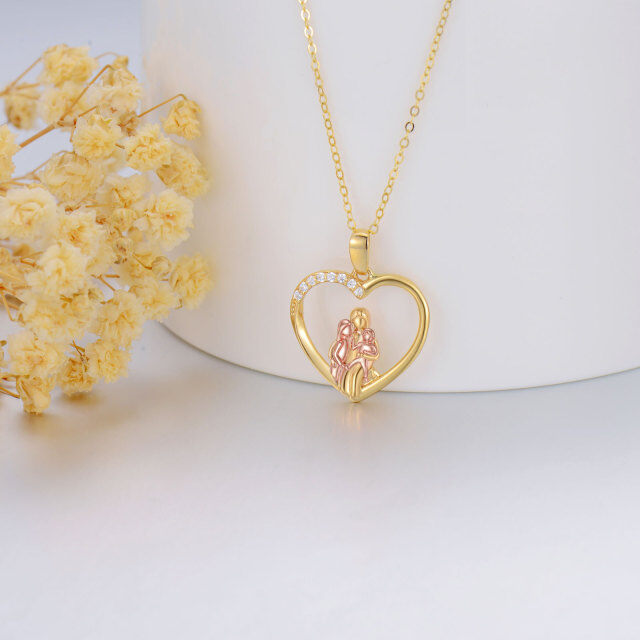 14K Gold & Rose Gold Round Cubic Zirconia Parents & Children & Heart Pendant Necklace-2