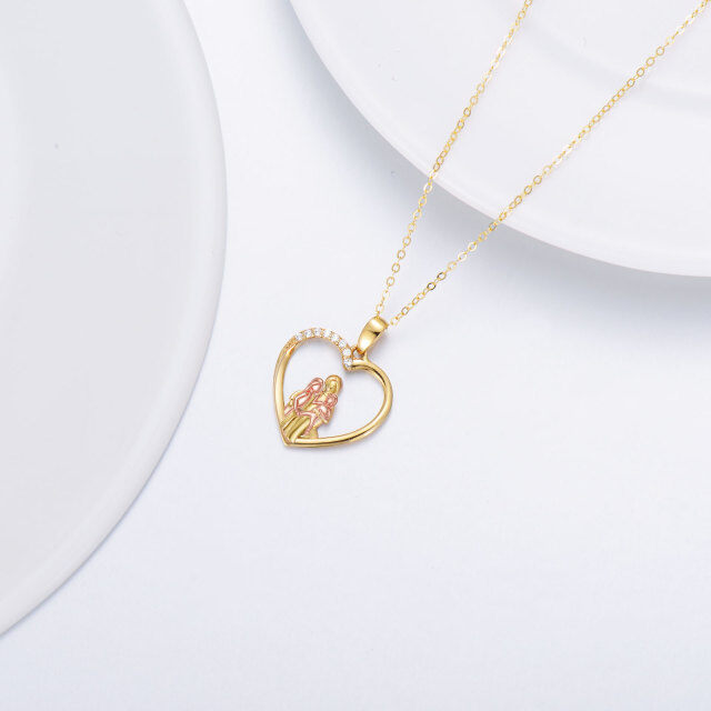 14K Gold & Rose Gold Round Cubic Zirconia Parents & Children & Heart Pendant Necklace-3