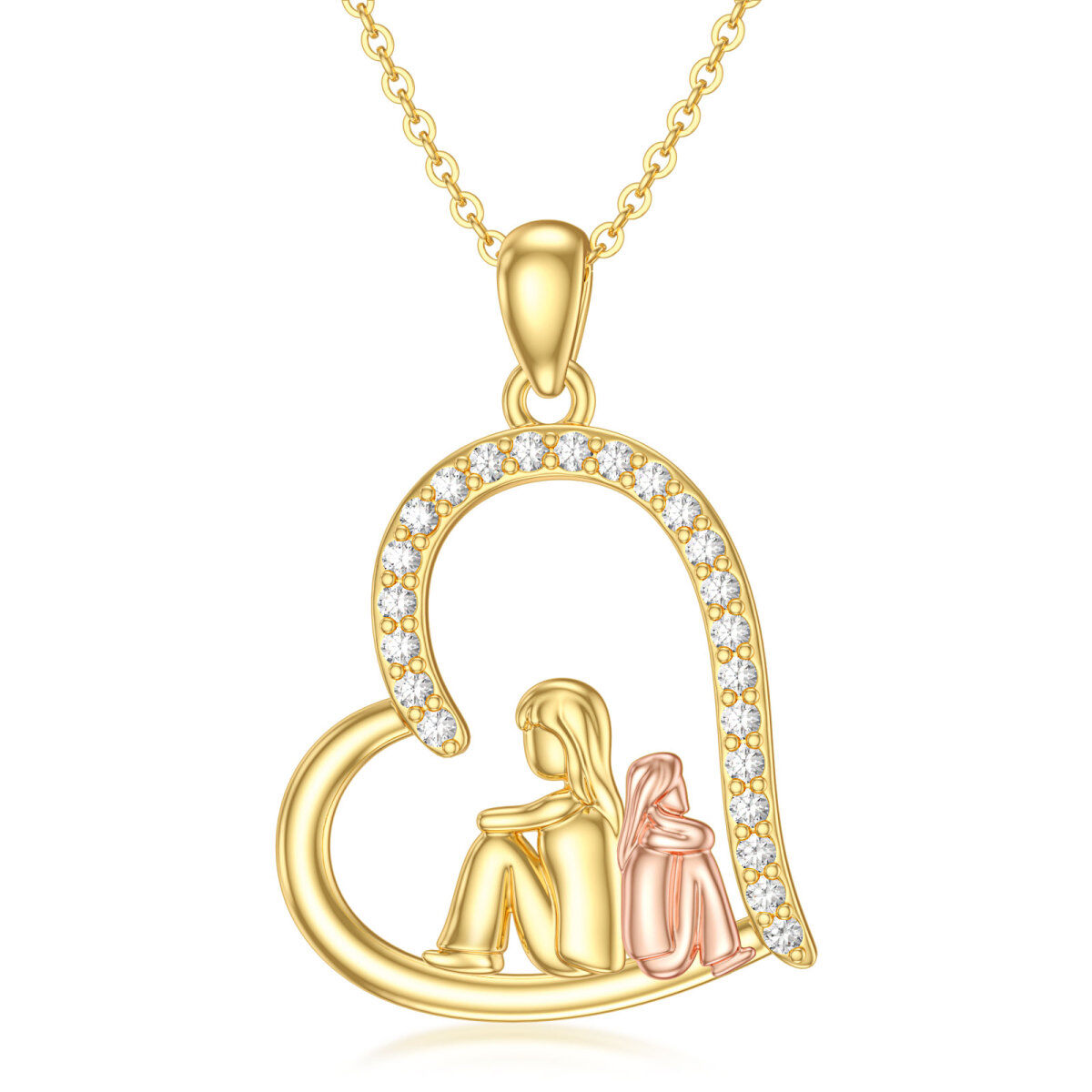 Collier en or 14K et or rose avec pendentif mère, fille et coeur en zirconium cubique rond-1