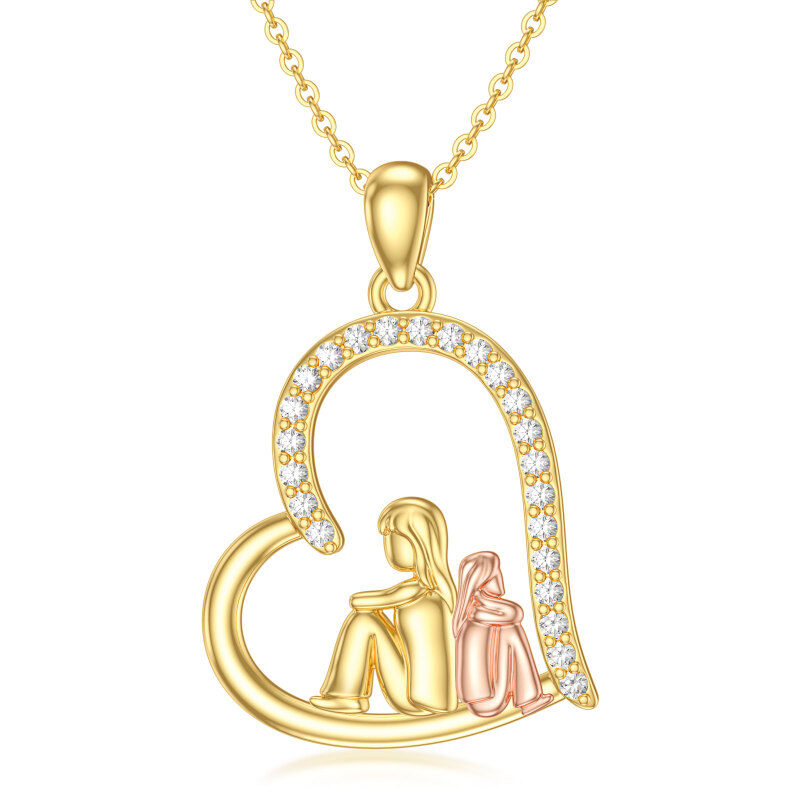 Collier en or 14K et or rose avec pendentif mère, fille et coeur en zirconium cubique rond